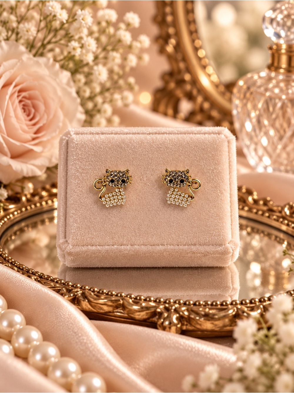 The Eleanor Collection Pearl Crystal Cat Stud Earrings